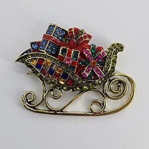 Beautiful Christmas Sleigh Full of Presents Rhinestone Brooch Holidays